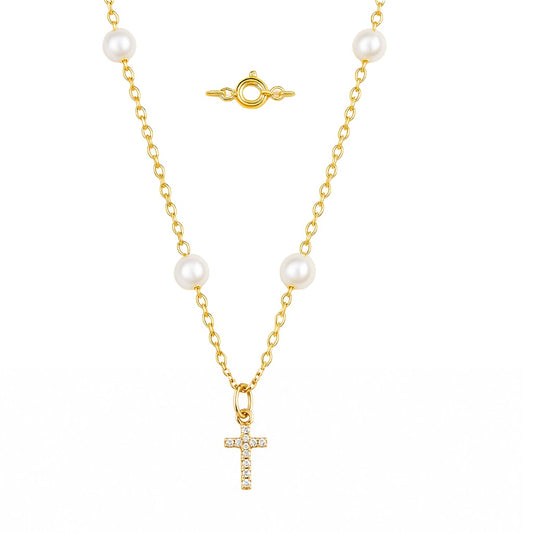 Mini Diamond Cross Pearl Station Necklace