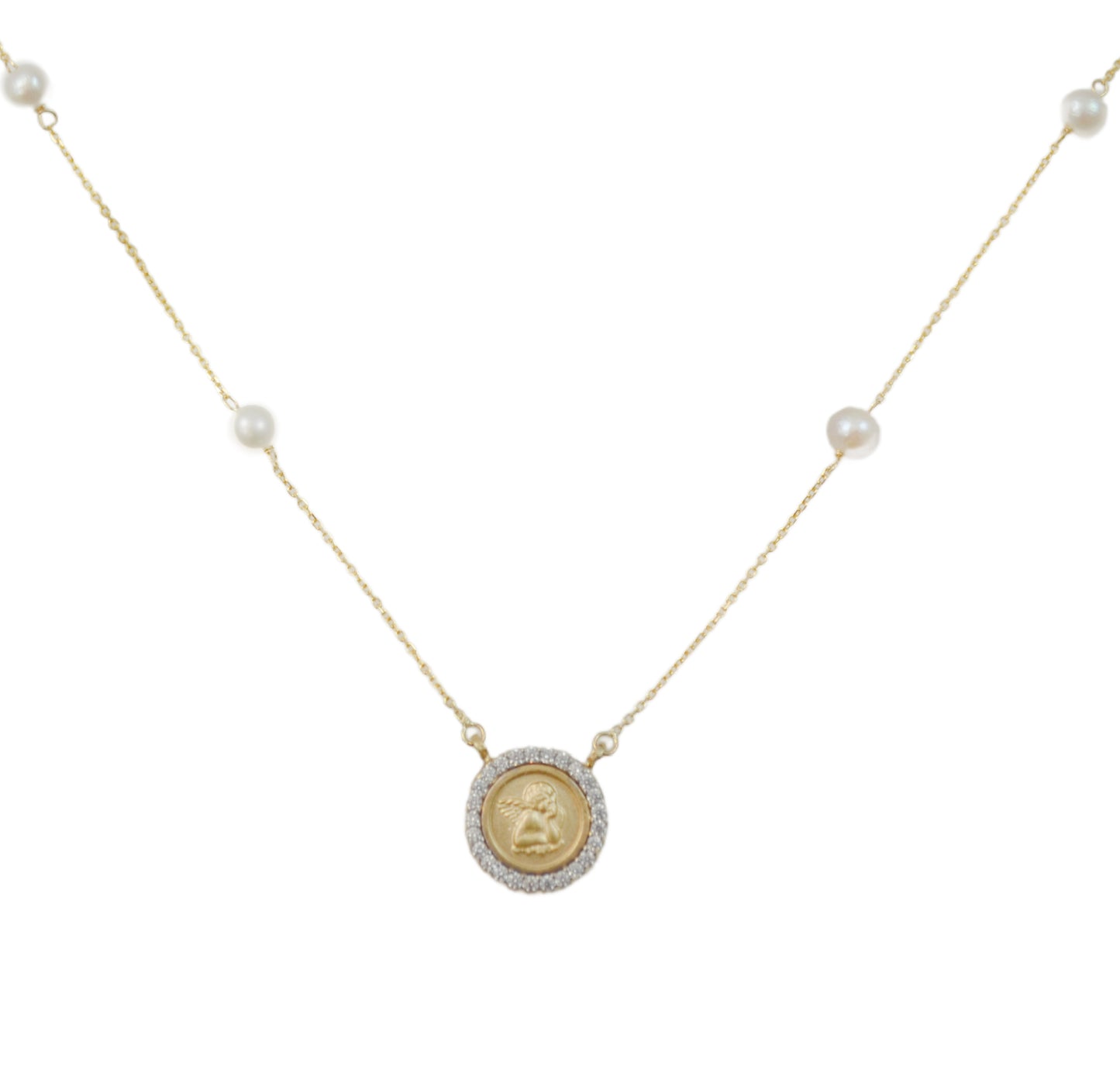 14K Gold CZ Angel with Pearl Necklace