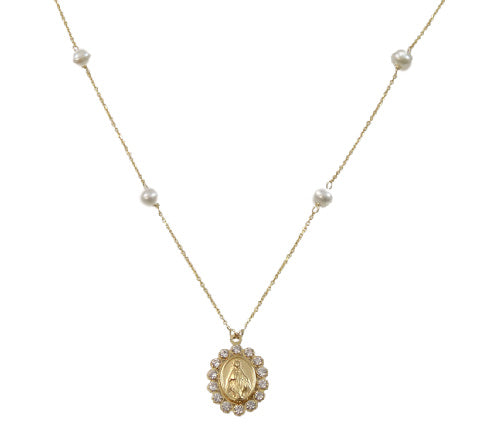 14K Gold Pearl Necklace with Miraculous and CZ border Medal