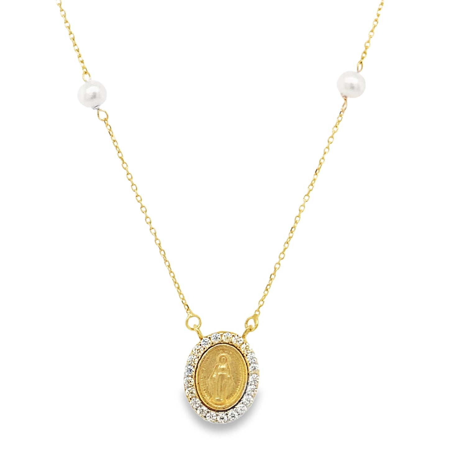 Miniature Guadalupe/Miraculous  Medal with Cubic Zirconia Frame on Pearl Necklace