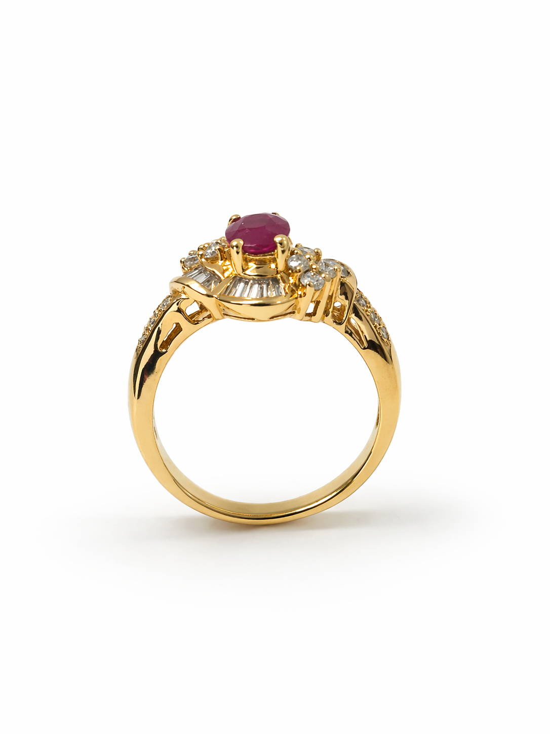 18K Yellow Gold Lab Grown Ruby & Natural Diamond Baguette Halo Ring