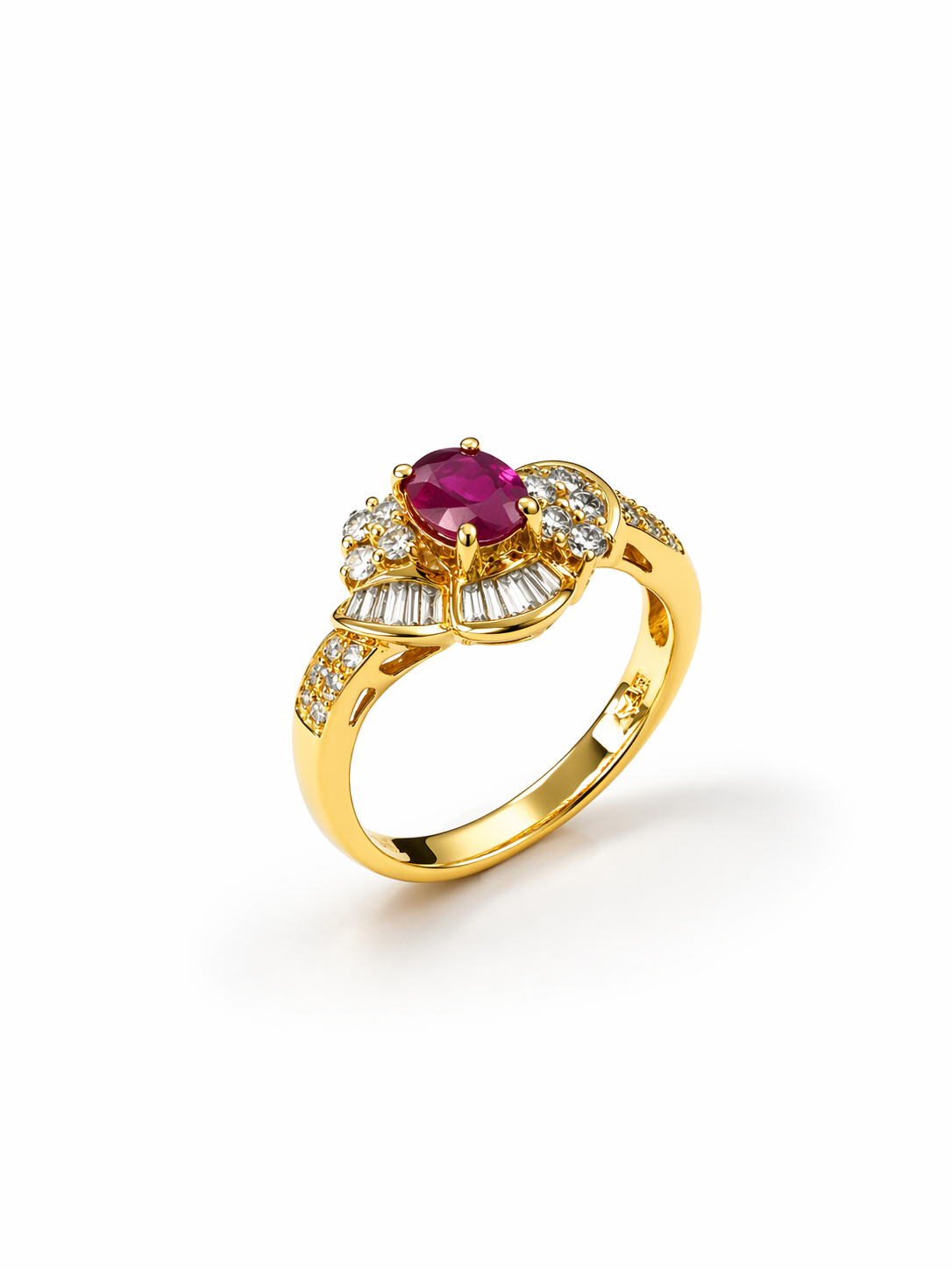 18K Yellow Gold Lab Grown Ruby & Natural Diamond Baguette Halo Ring