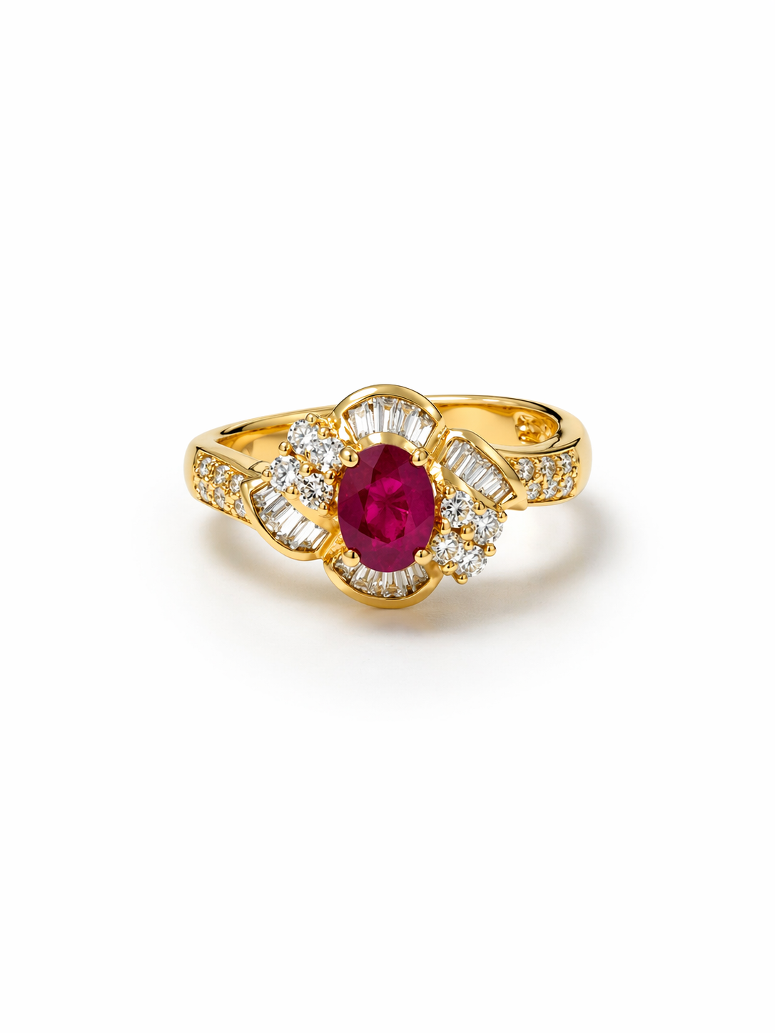 18K Yellow Gold Lab Grown Ruby & Natural Diamond Baguette Halo Ring