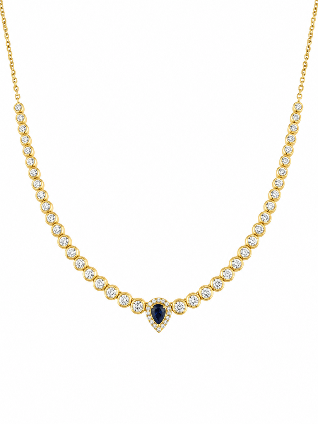 14K Yellow Gold Half Tennis Diamond Drop Necklace with Pear Gemstone & Diamond Halo