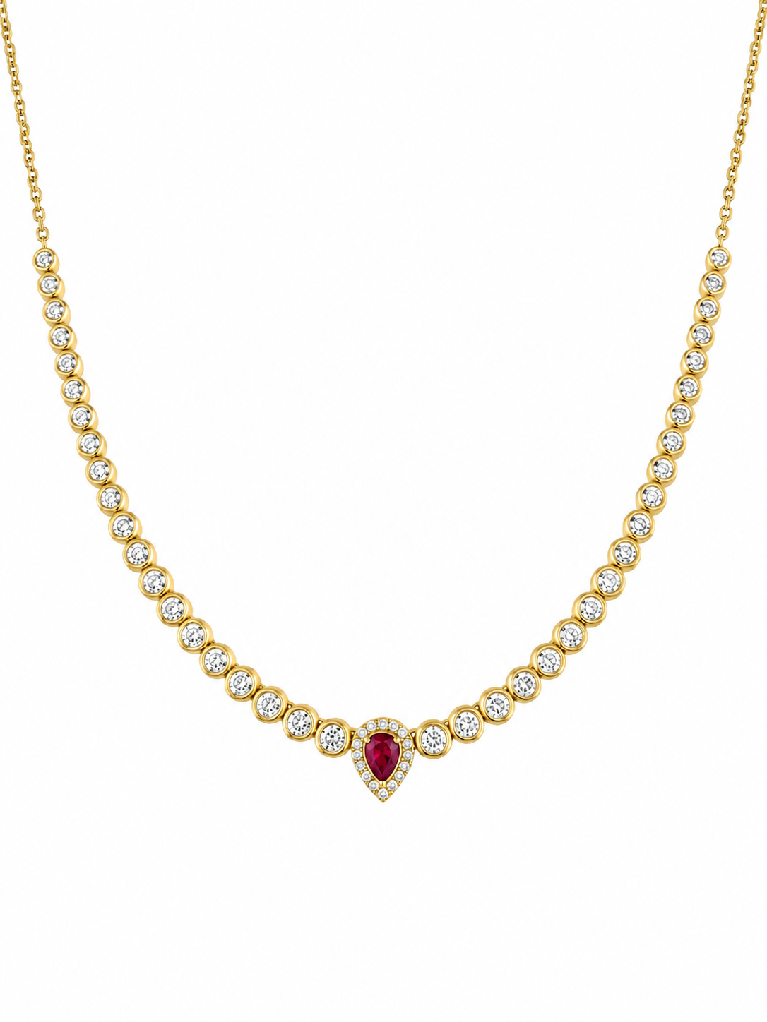 14K Yellow Gold Half Tennis Diamond Drop Necklace with Pear Gemstone & Diamond Halo
