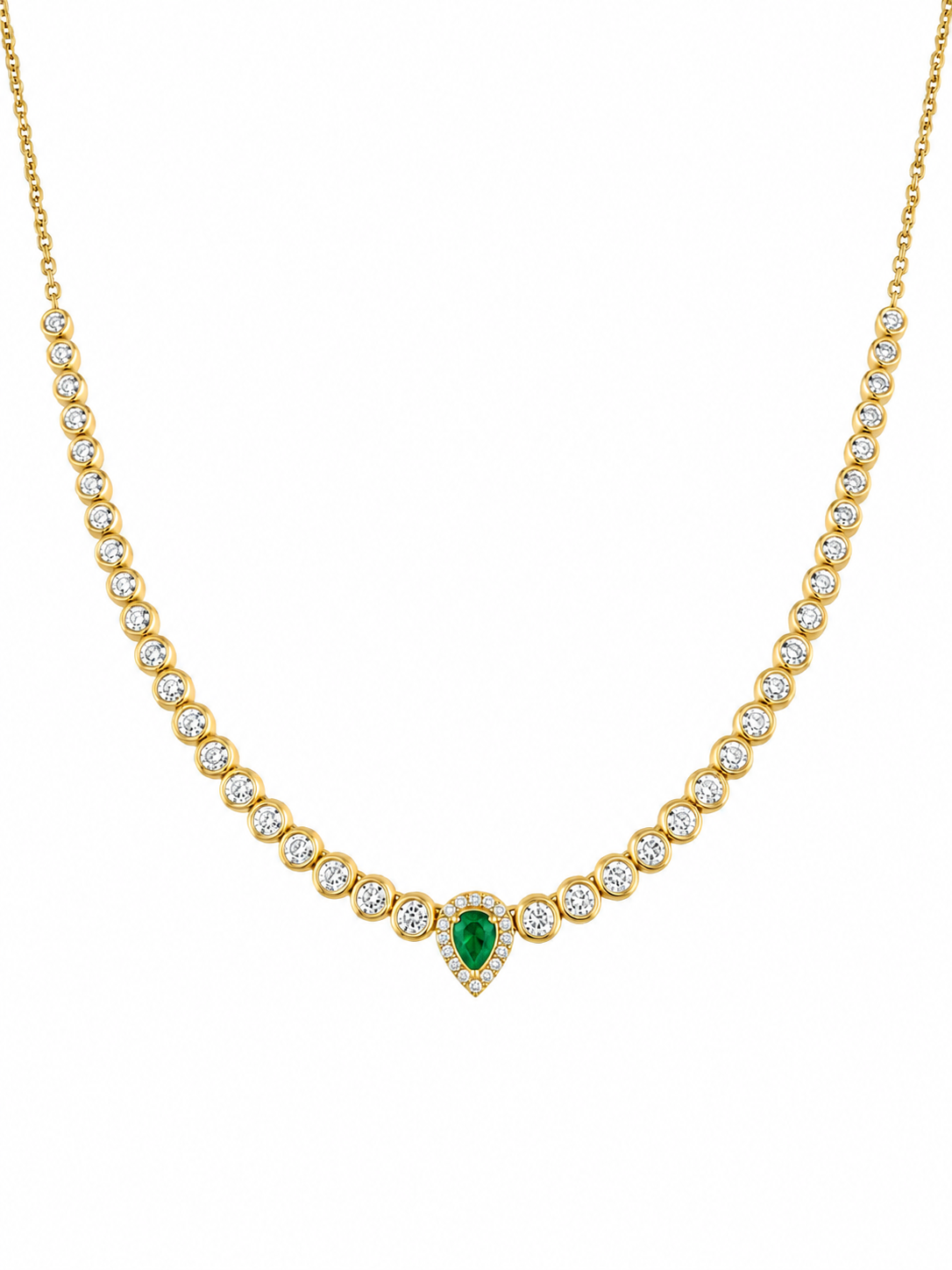 14K Yellow Gold Half Tennis Diamond Drop Necklace with Pear Gemstone & Diamond Halo