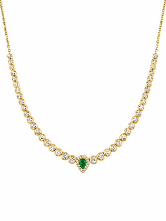 14K Yellow Gold Half Tennis Diamond Drop Necklace with Pear Gemstone & Diamond Halo