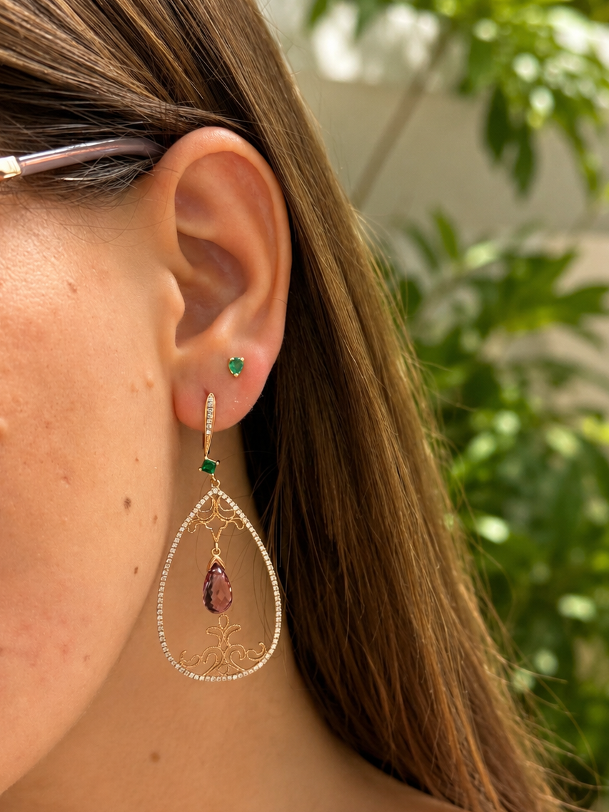 Open Drop Pink Tourmaline & Diamond Chandelier Earrings 14K Rose Gold