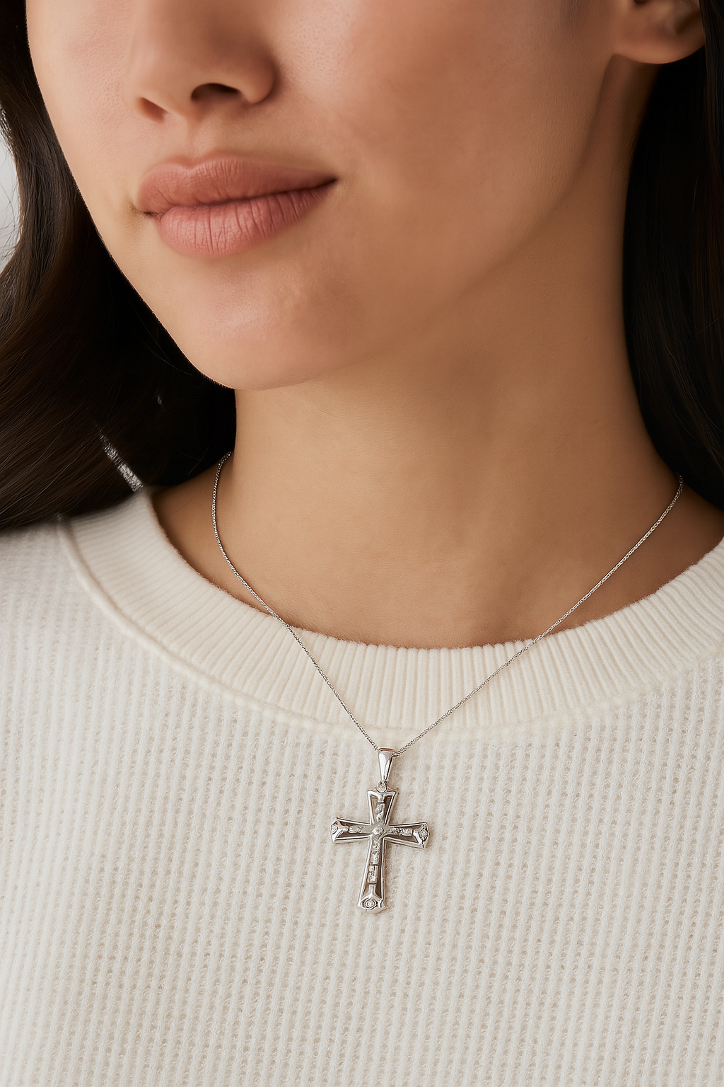 Baguette Diamond Fancy Cross Necklace 14K White Gold