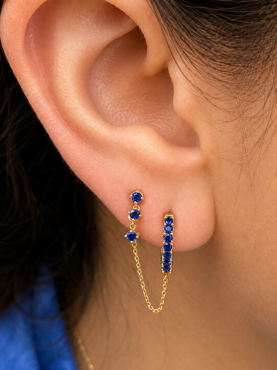 Color Stone Huggie and Stud Chain Earrings