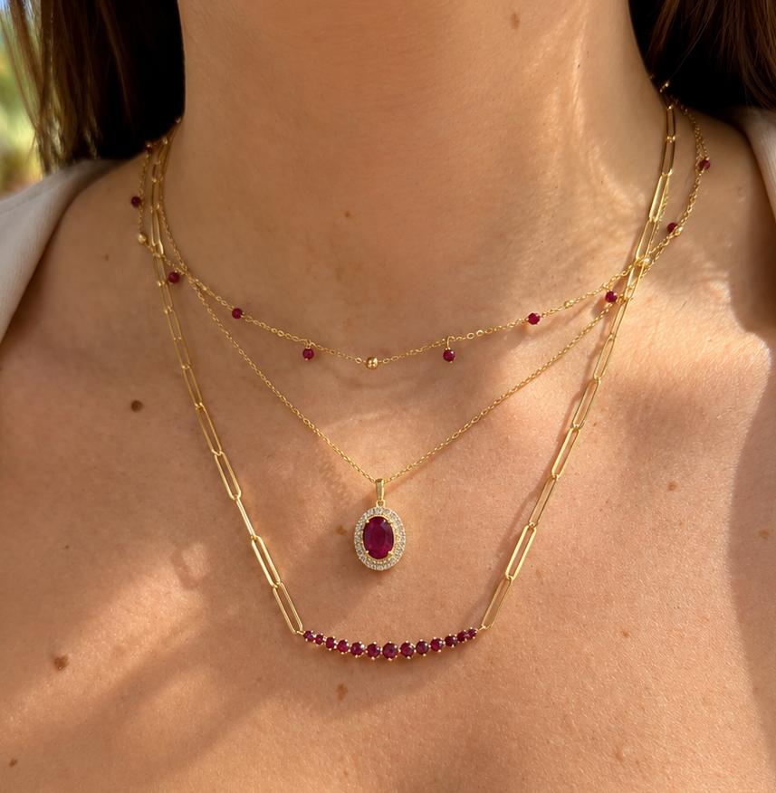 Diamond & Color Stone Double Halo Pendant Necklace