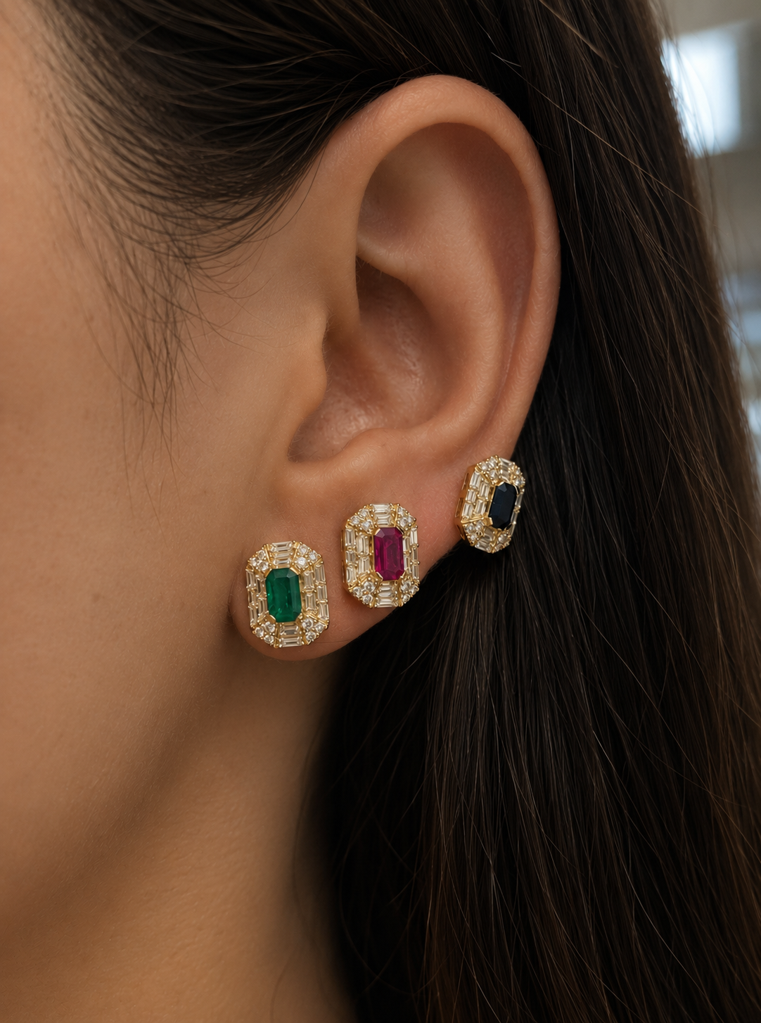 Color Stone & Diamond Cluster Earrings