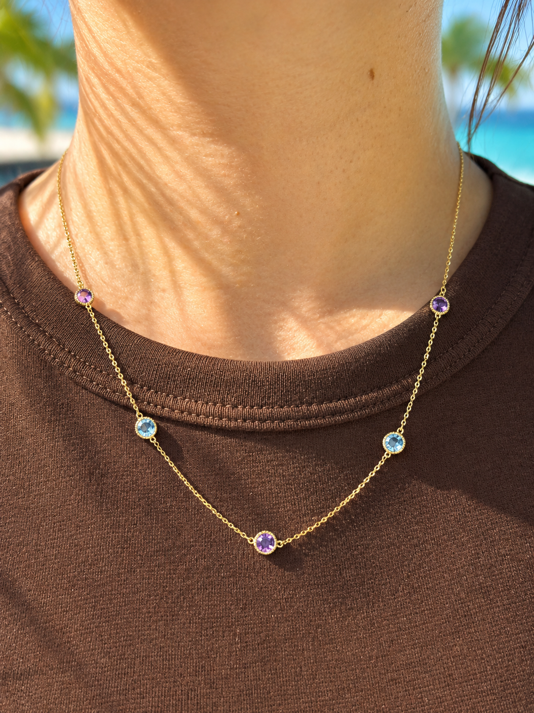 Rope Twist Halo Round Amethyst & Blue Topaz Station Necklace