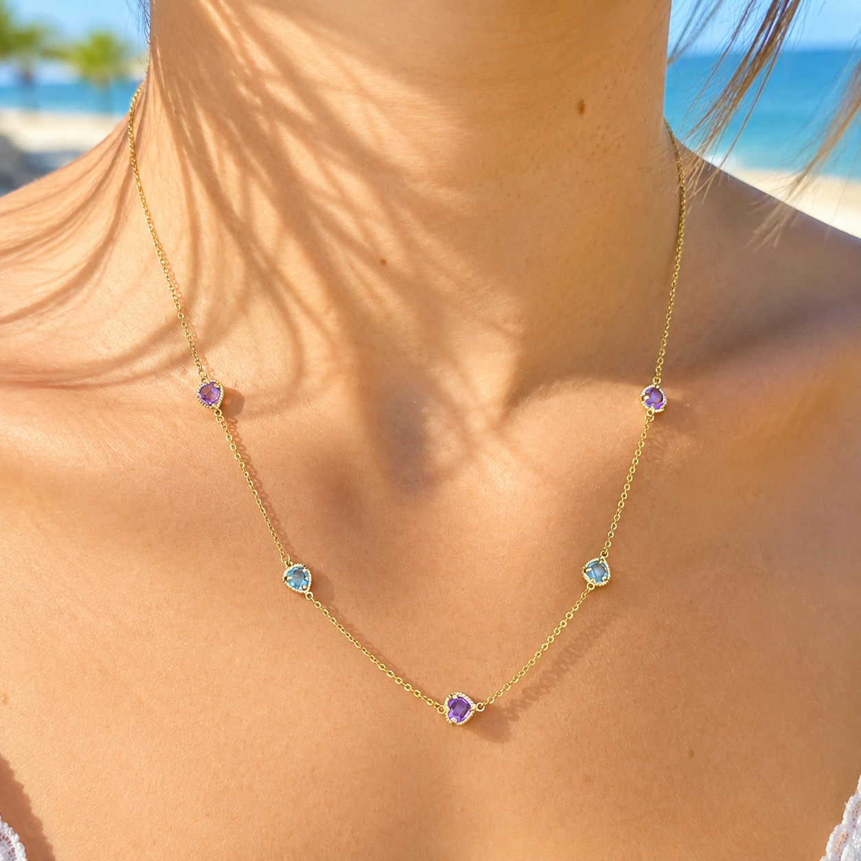 Rope Twist Halo Heart Amethyst and Blue Topaz Station Necklace