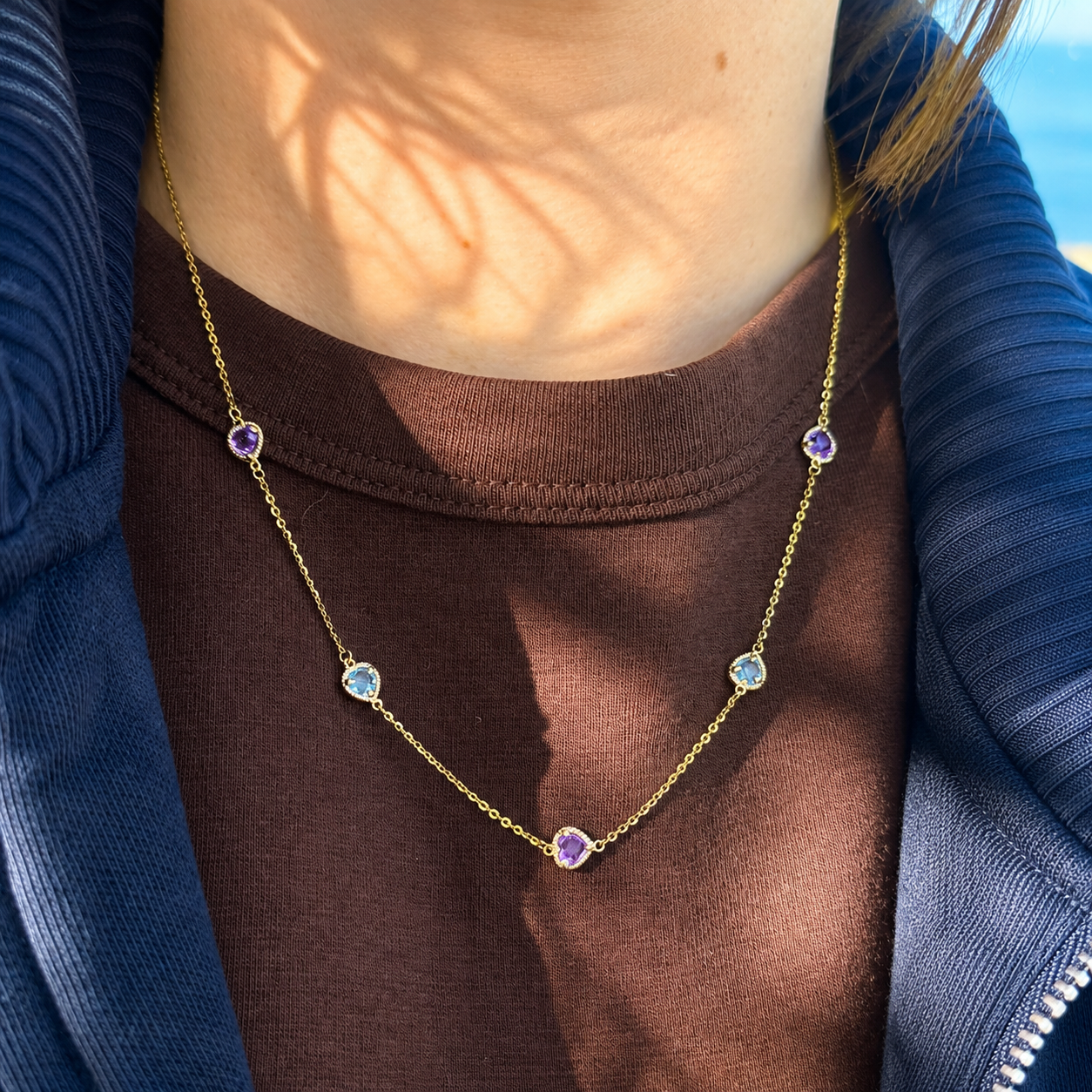 Rope Twist Halo Heart Amethyst and Blue Topaz Station Necklace