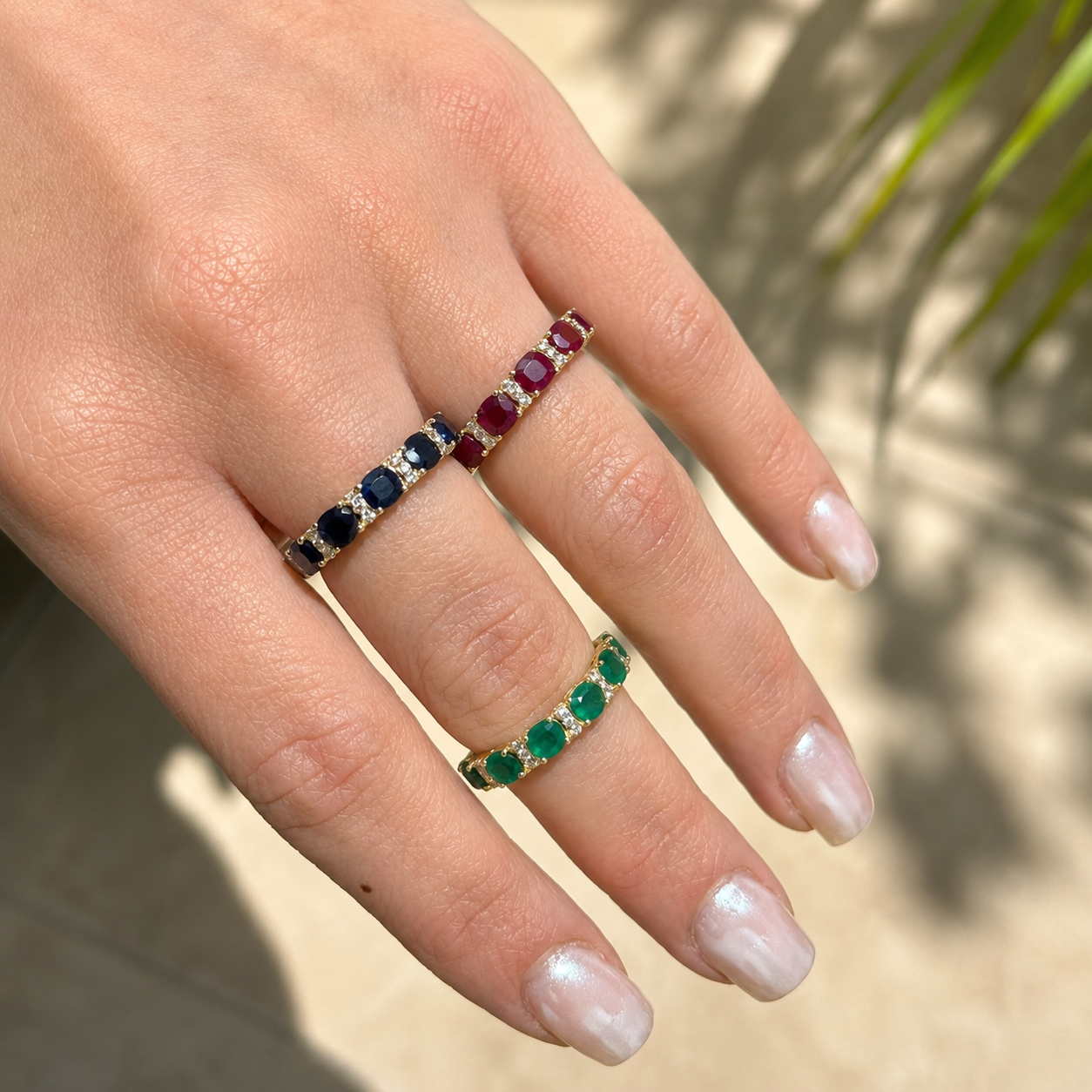 Opulent Large Cushion Cut Color Stone And Diamond Station Band Ring
