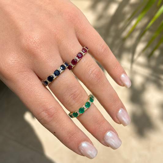 Opulent Large Cushion Cut Color Stone And Diamond Station Band Ring