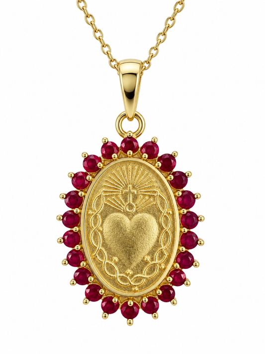 Sacred Heart of Jesus Medal with Color Stone Halo Necklace
