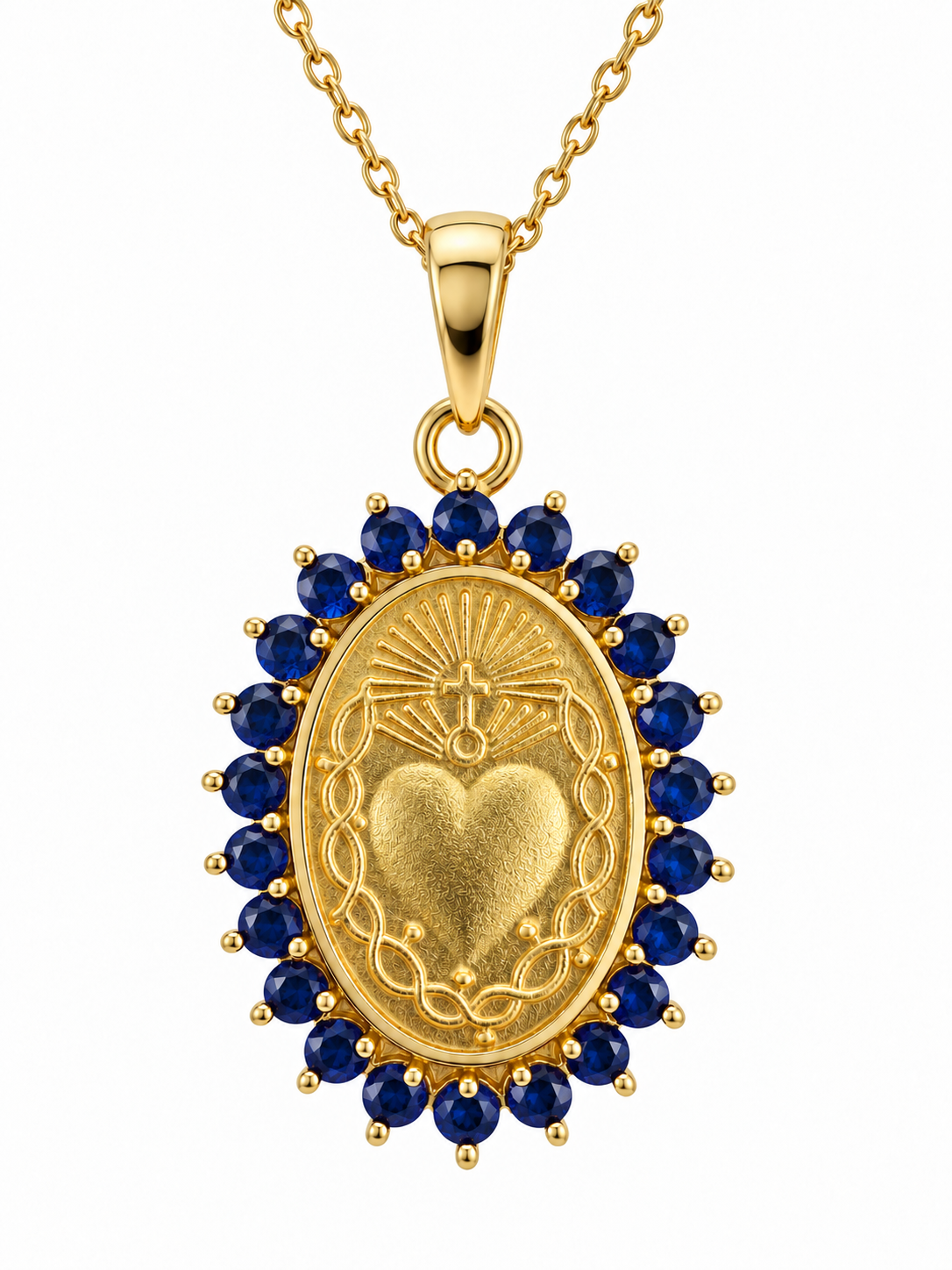 Sacred Heart of Jesus Medal with Color Stone Halo Necklace