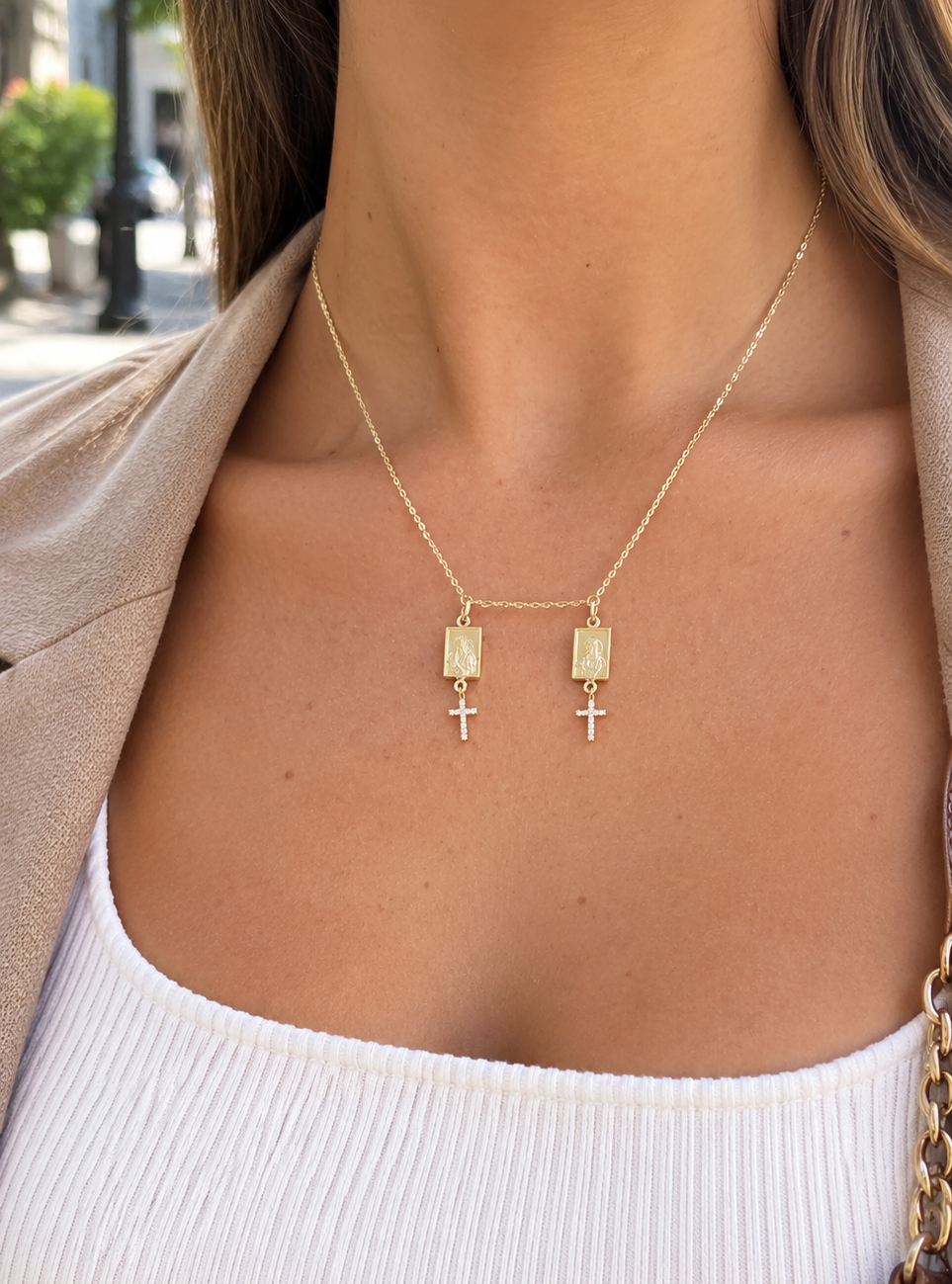 14K Yellow Gold Double Scapular Necklace with Diamond Crosses