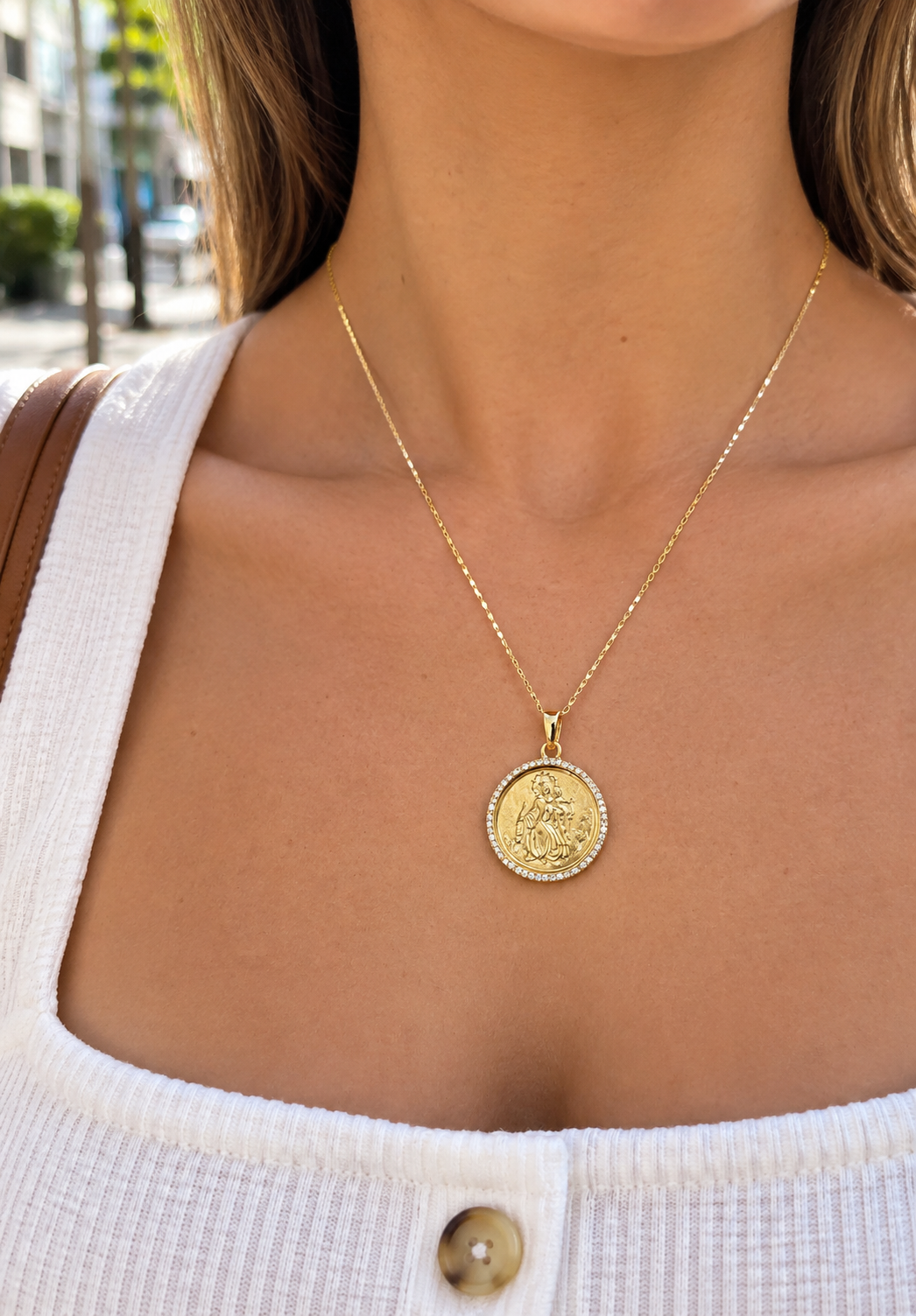 14K Yellow Gold Diamond Our Lady of Mount Carmel Medal Necklace