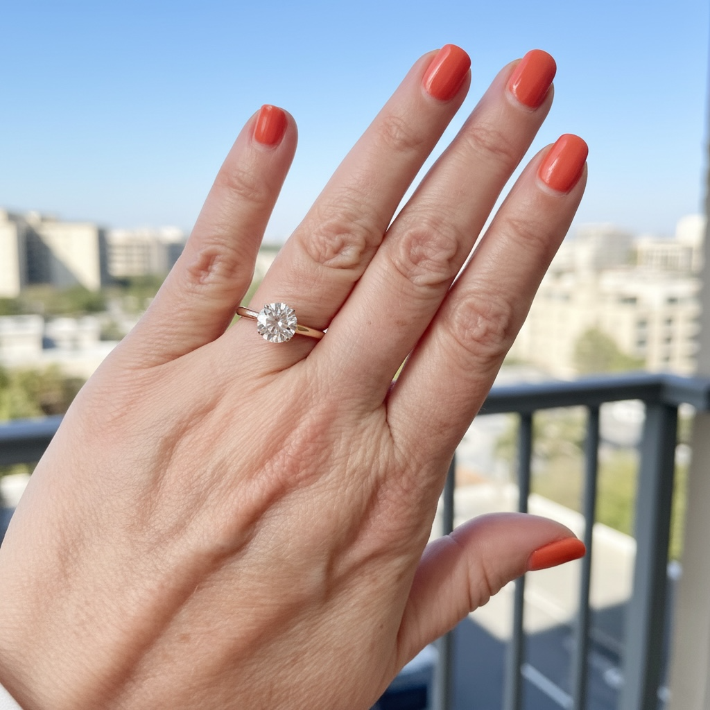 A close-up of a hand with orange nail polish wearing an engagement gold ring with a round diamond gemstone, set against a blurred outdoor city background.