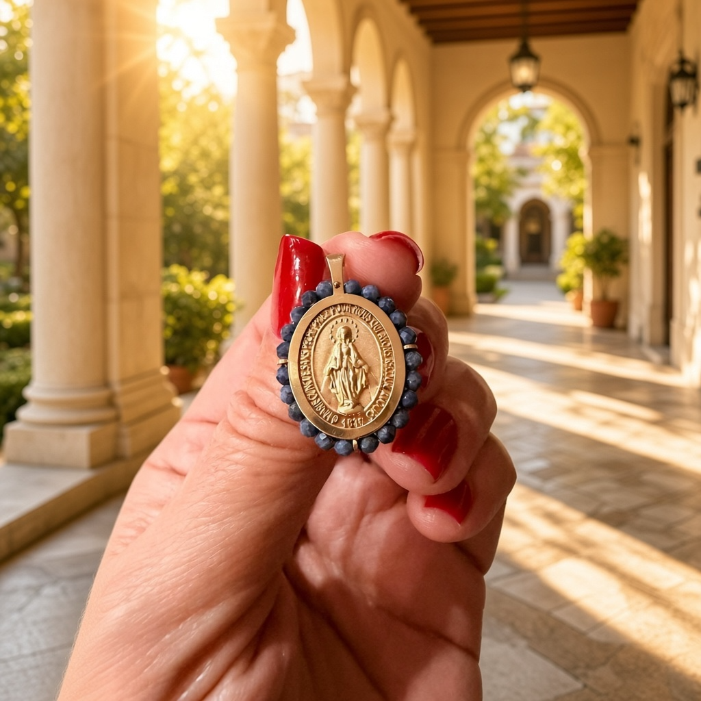14K Gold Miraculous Medal with Natural Ruby or Sapphire Beads