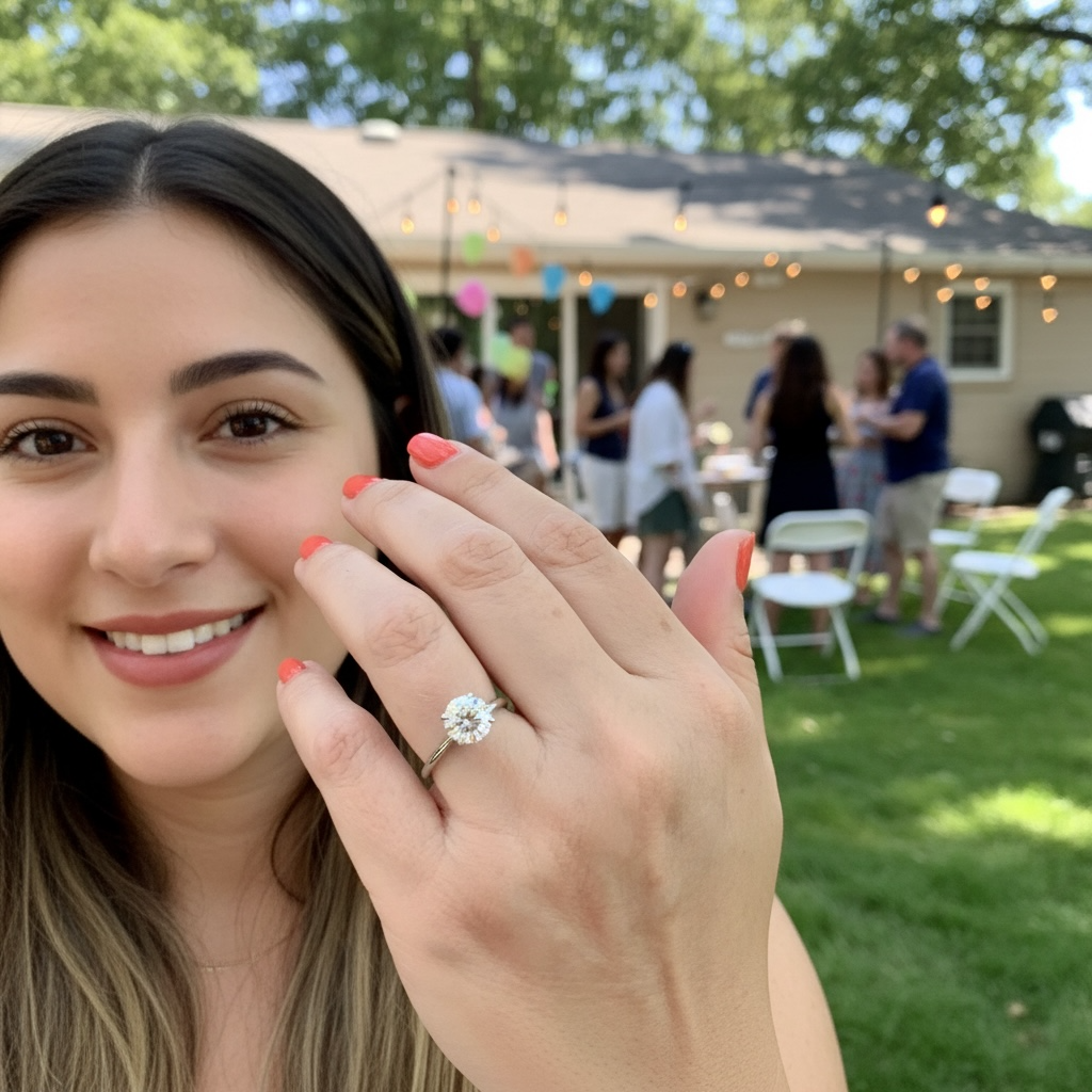 A woman outdoors at a backyard party wearing a round-cut diamond engagement ring on a white gold band, holding her hand up to show the ring.