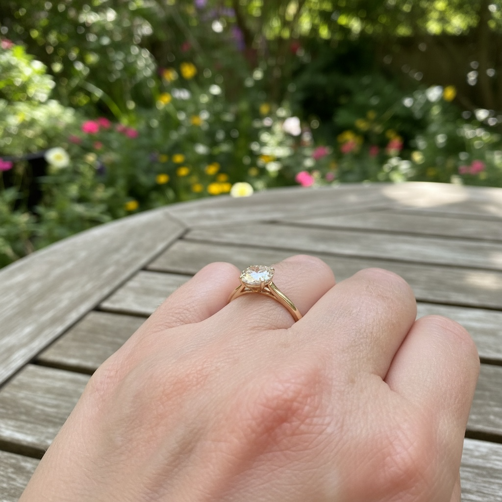 A gold engagement  ring with a round-cut clear diamond worn on a person's hand, set against a blurred outdoor garden background with a wooden table.