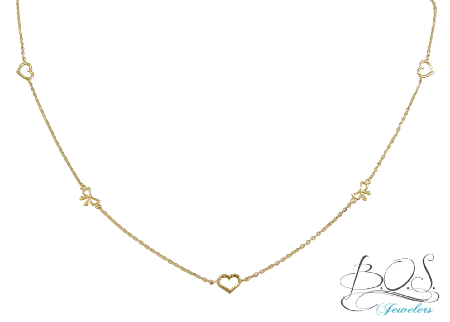 14K Gold Open Hearts and Bow Necklace