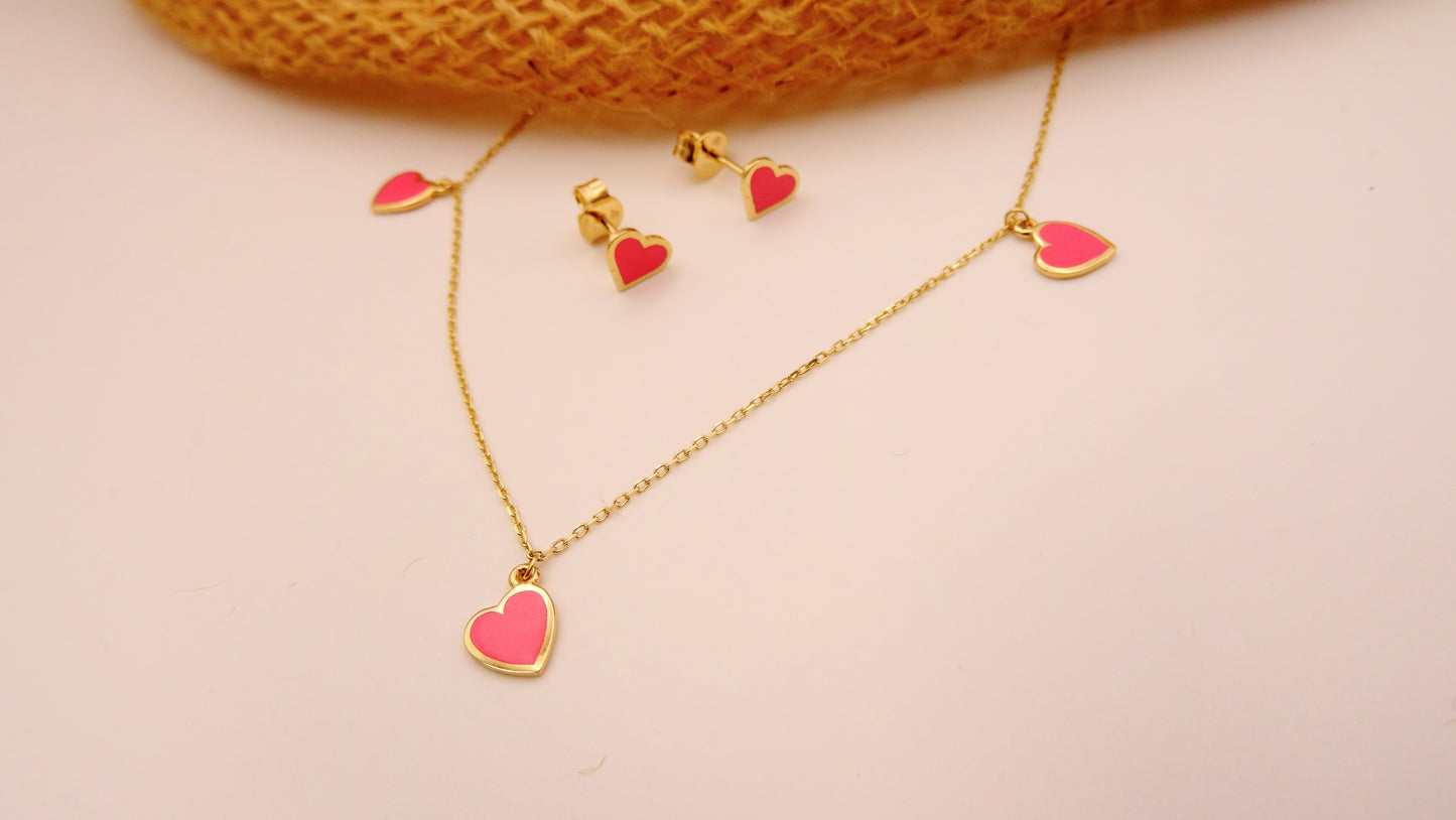 Pink Enamel Heart Necklace 14K Gold