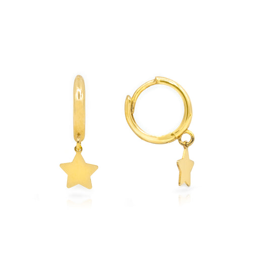 A pair of 14K gold huggies with dangling star designs.