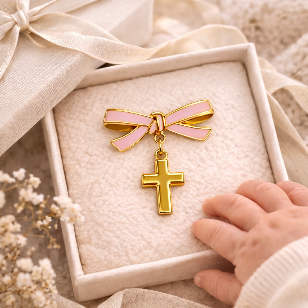 Pink Enamel Bow Baby Pin with Cross