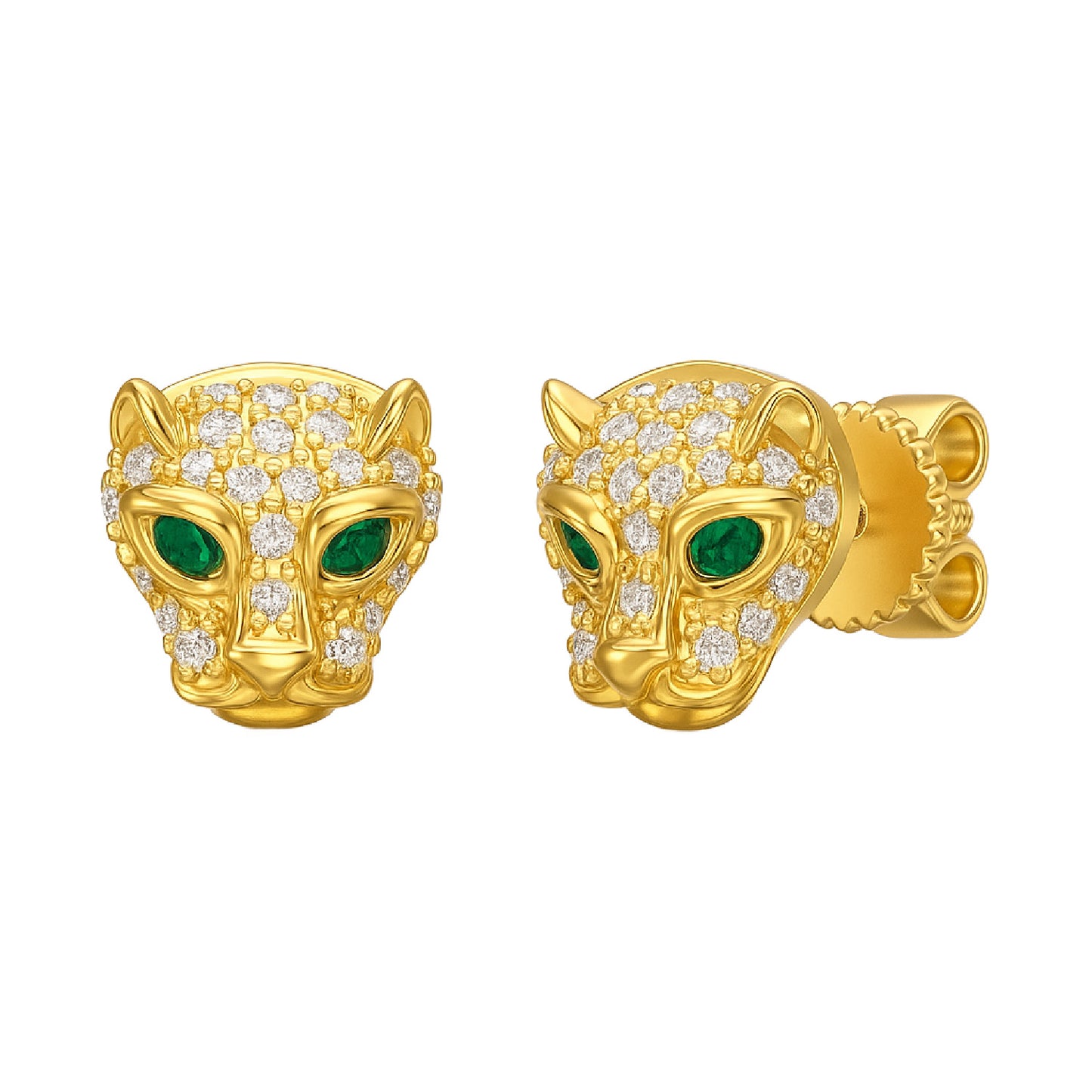 Gold panther head earrings with green eyes and diamond accents on a white background