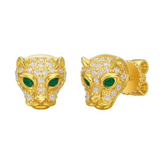 Gold panther head earrings with green eyes and diamond accents on a white background
