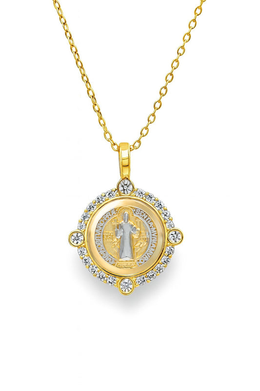 Gold necklace with a round pendant featuring the Saint Benedict Halo with a diamond halo on a white background