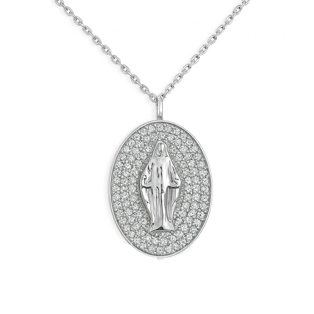 White Gold Miraculous Medal pendant necklace with diamond-studded background on a white background