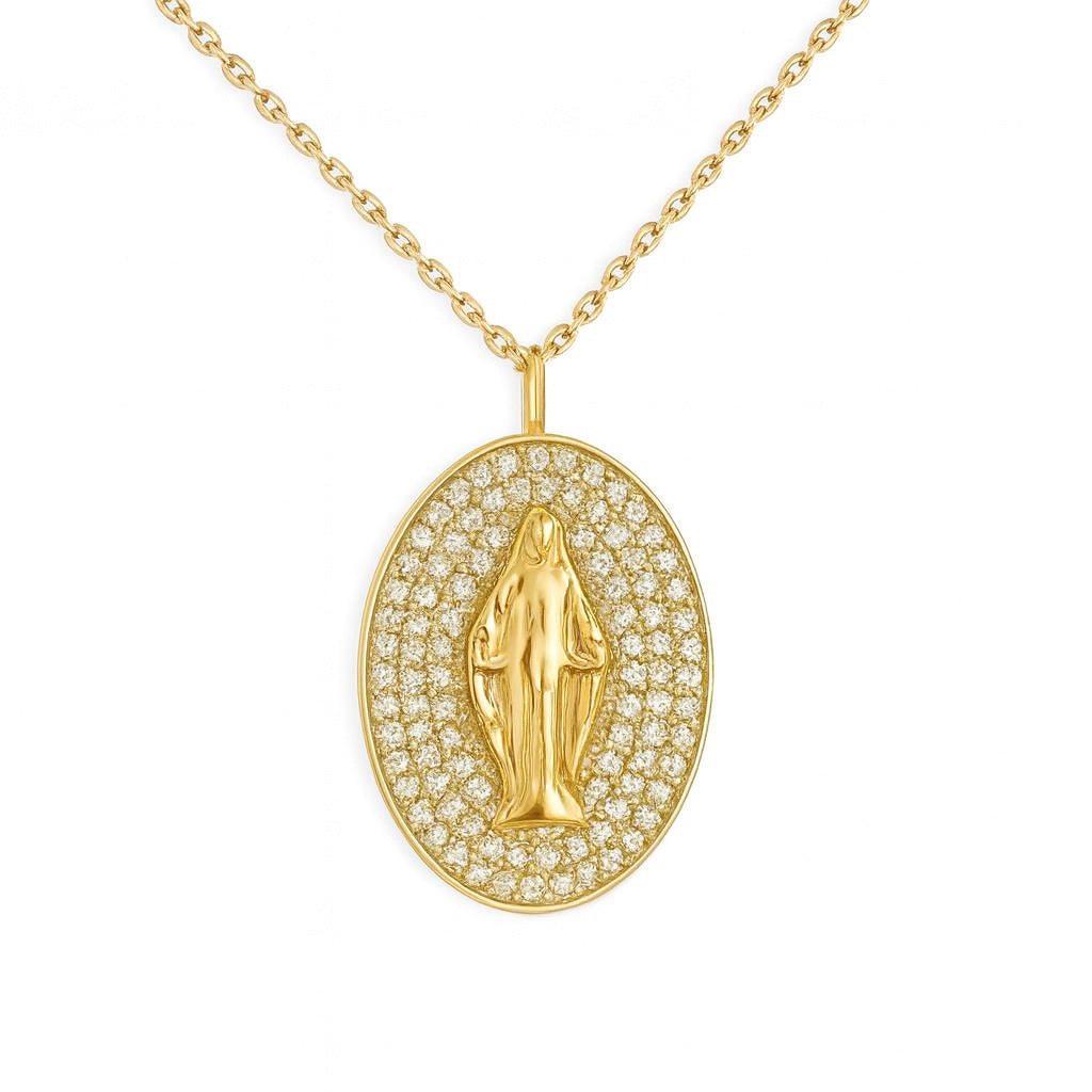 Gold necklace with a pendant featuring a the Miraculous Medal on a white background