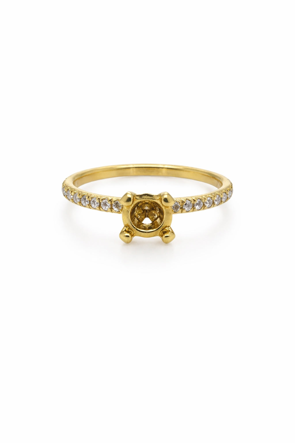 18K Yellow Gold engagement ring setting with a central setting for a gemstone with diamond-studded band on a white background