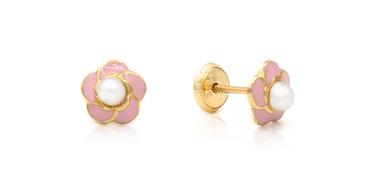 Pink Enamel Flower Pearl Baby Earrings