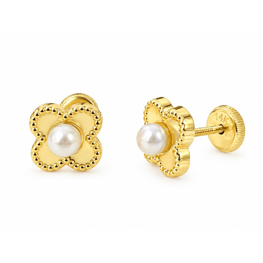 Clover with Freshwater Pearl Screw Back Earrings