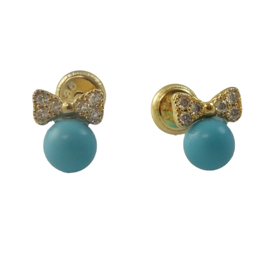 14K Gold CZ Bow Earrings with Pearl & Turquoise