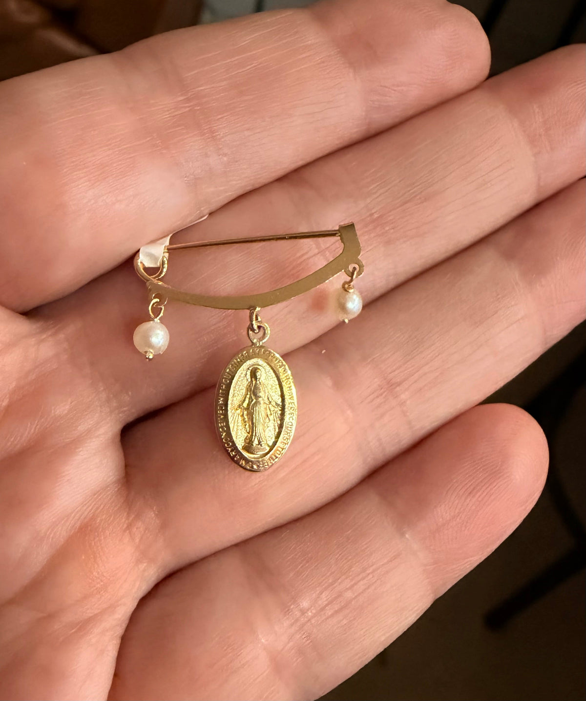 14K Yellow Gold Small Miraculous Medal and Pearl Baby Pin