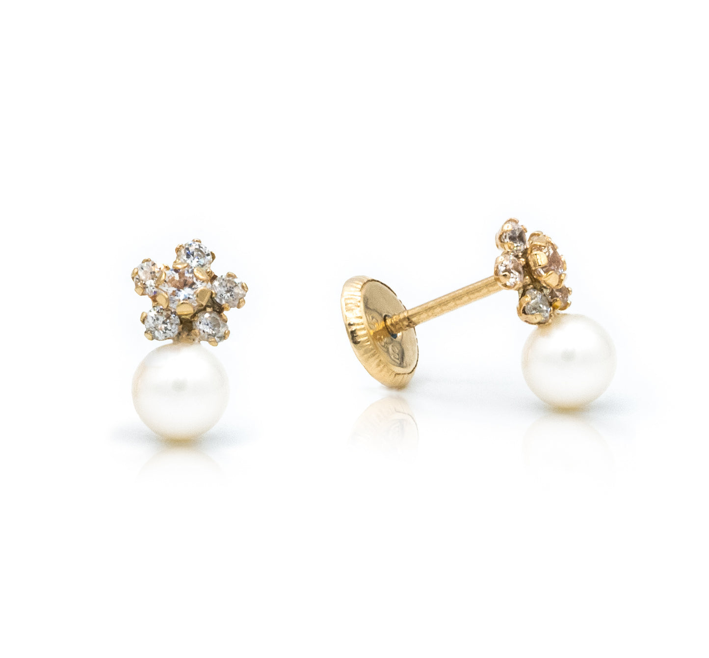 Daisy Cubic Zirconia Flower and Pearl Drop Earrings 14K Yellow Gold