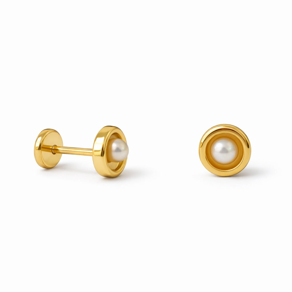 4mm Pearl Stud Earrings with Gold Bezel Border & Screwback