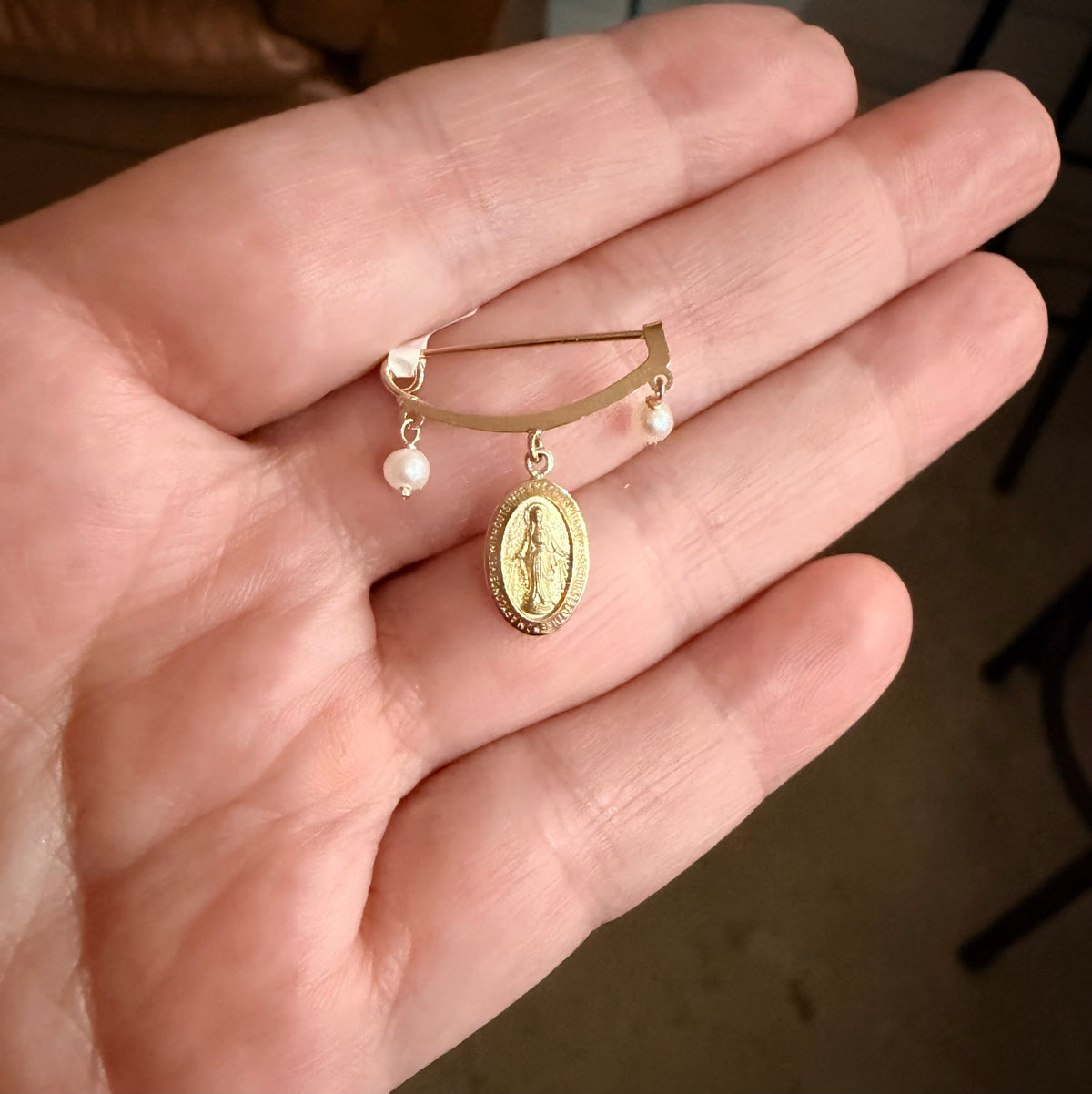 14K Yellow Gold Small Miraculous Medal and Pearl Baby Pin