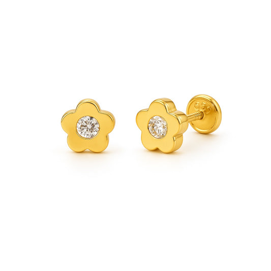 14K Gold 5mm Flower with CZ in the center baby earrings