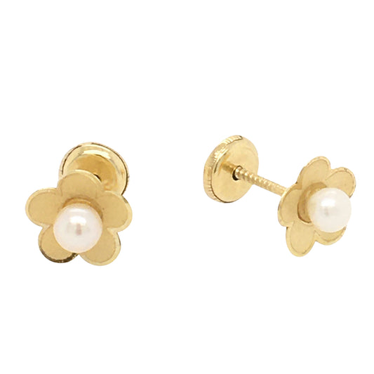 14K Gold Brush Finish Flower with Pearl in center earring