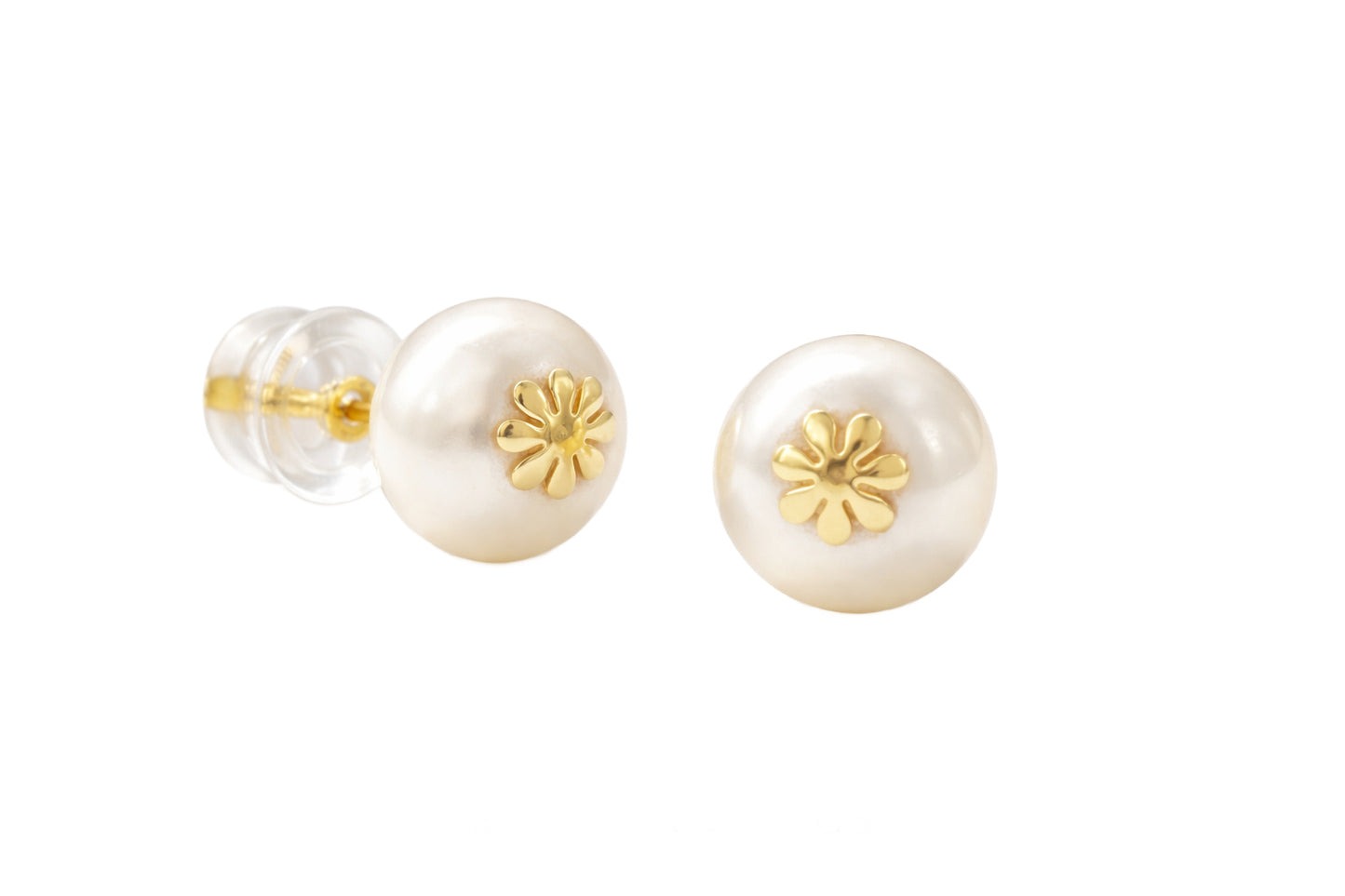 Pearl with Flower Accent Center Stud Earring-8mm