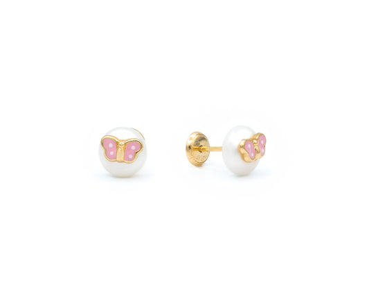 Enameled Butterfly on Pearl Stud Baby Earrings